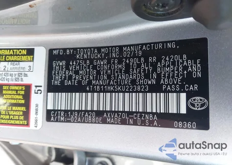 2019 Toyota Camry Le z USA, uszkodzony, nr VIN 4T1B11HK5KU223823